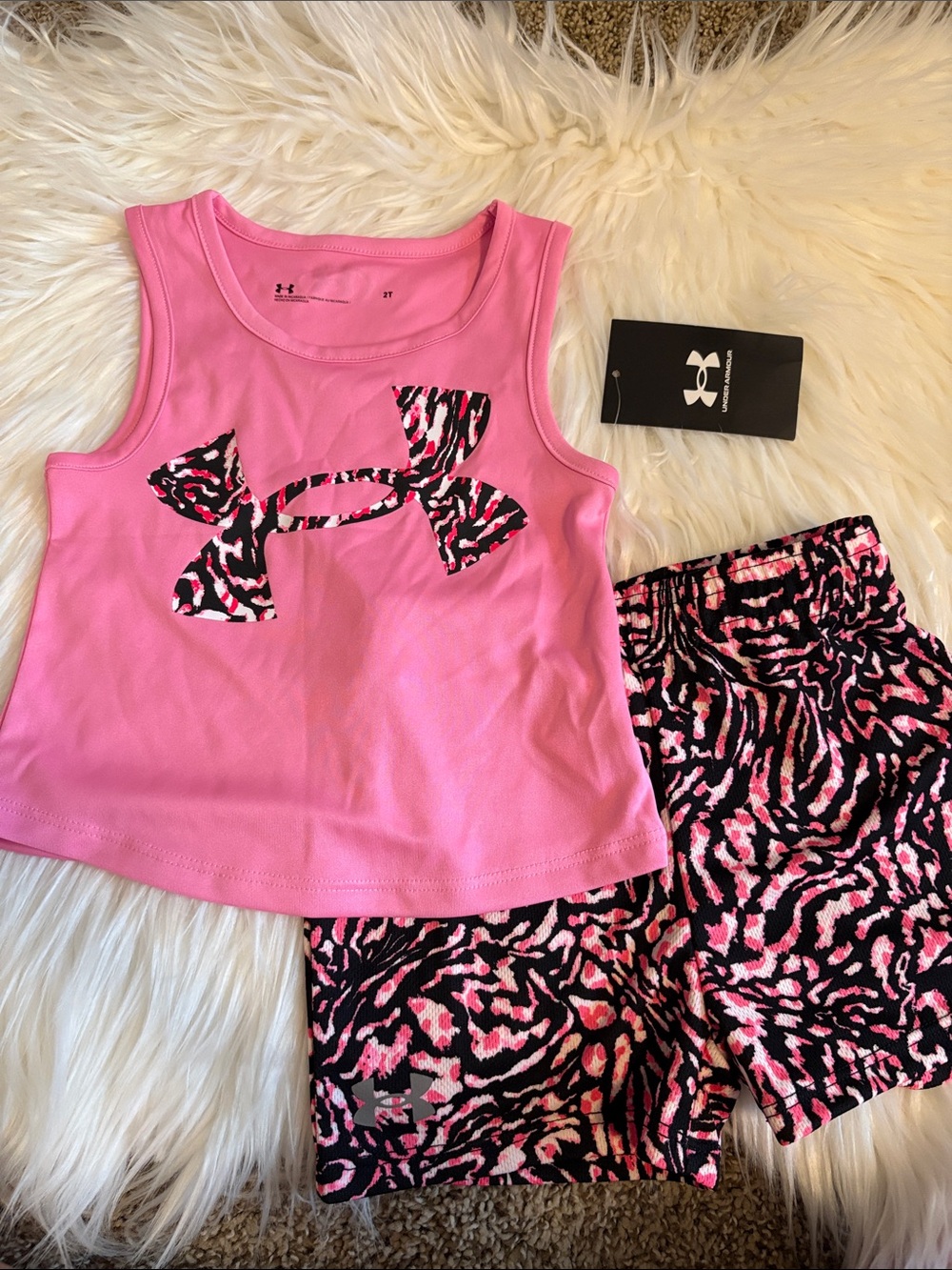 Under Armour Girls Pink Tank Top with Black & Pink Animal Print Shorts